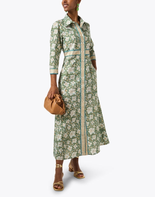 Stylish Ivy Green Cotton Floral Shirt Dress with Gold Trim