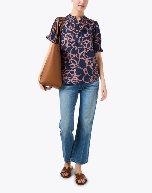 Navy Printed Cotton Top with Ruffle Collar from Los Altos