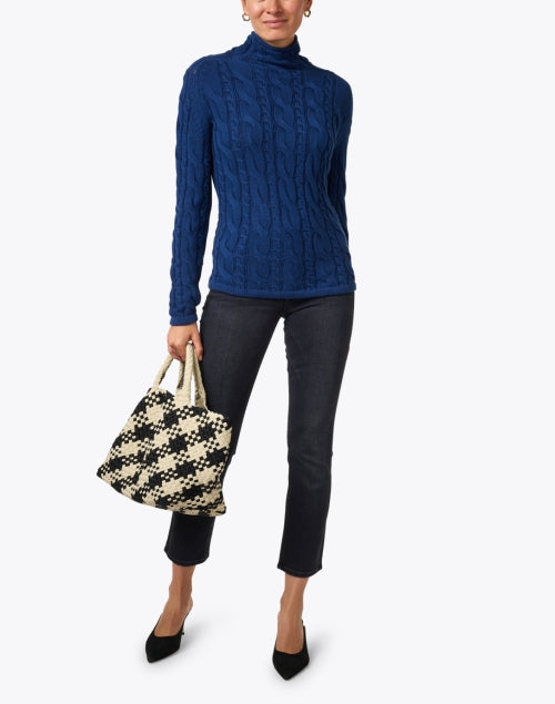 Fall Cobalt Blue Pima Cotton Cable Knit Cozy Mock Neck Sweater