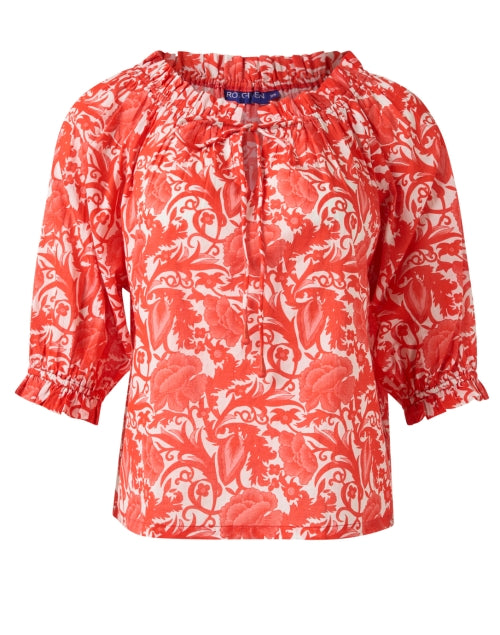 Stunning Red Floral Print 100% Cotton Elbow - Sleeve Havana Top