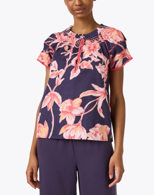 Navy Floral Print Cotton Women's Casual Top - Rosie Style
