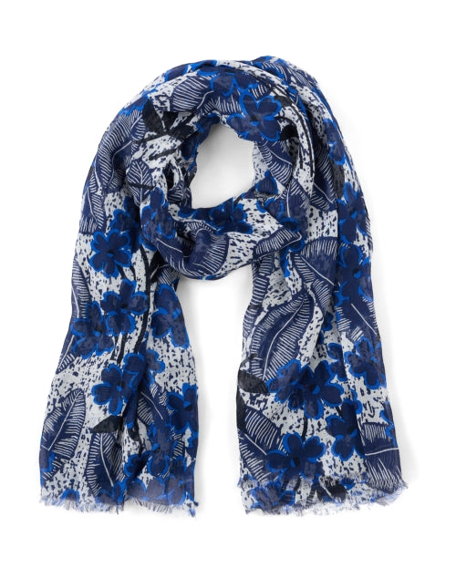 Weekend Max Mara's Blue Floral Motif Sarda Cotton Blend Scarf with Eyelash Fringe Trim