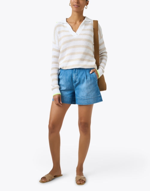 Beige and White Horizontal Striped Women's Cotton Knit Sweater for Casual Wear