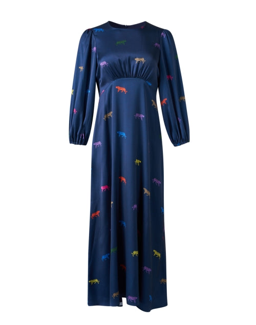 Stylish Blue Satin Dress with Leopard Print Design
