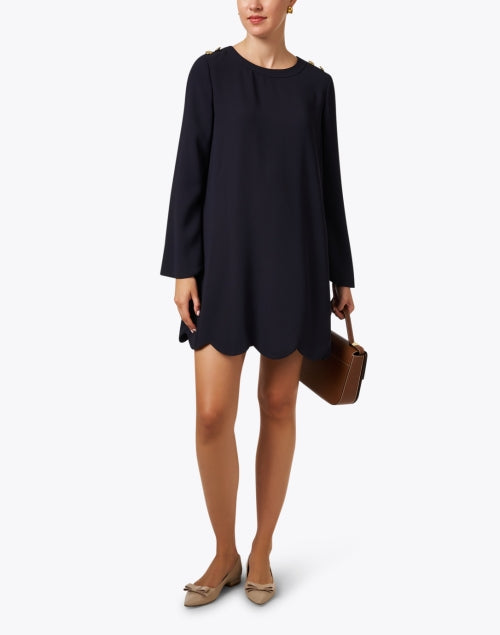 Ruodana Feminine Navy Shift Dress with Scalloped Details