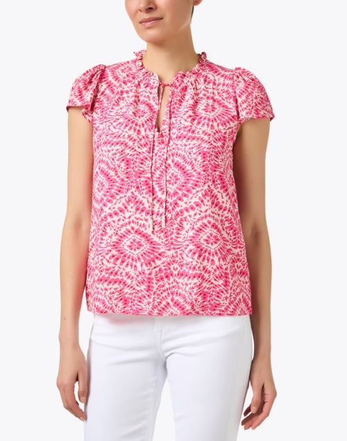 Sandra Lightweight Pink Printed Top with Tie Neck and Flutter Sleeves