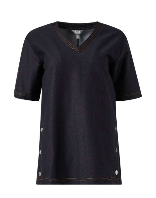 Navy Colored Women's Fashionable V-Neck Short Sleeve Top with Unique Button Detailing
