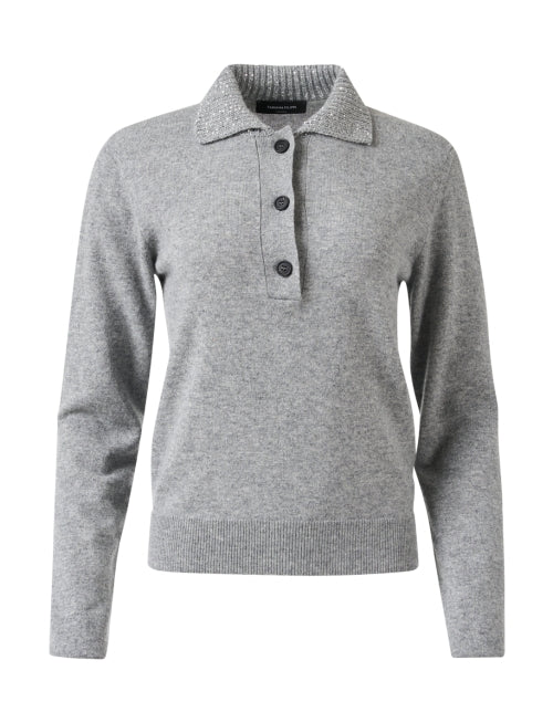 Stylish Platinum Grey Wool Blend Knit Women's Top with Sparkle Collar