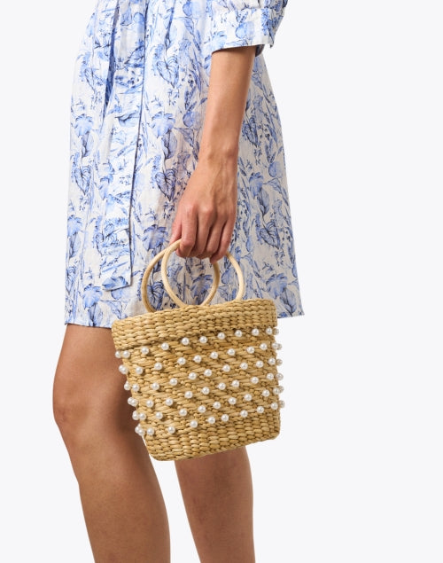 Stylish Faux - Pearl Studded Hand - Woven Mak Tan Mini Tote Handbag