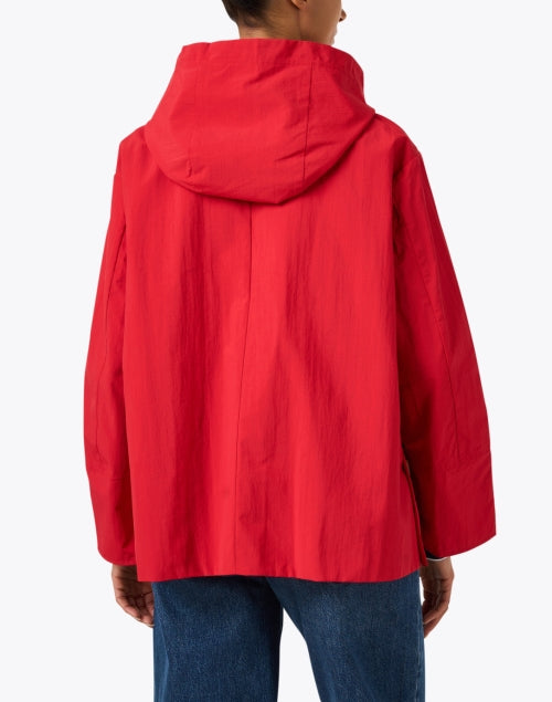 Stylish Red Hooded Jacket with Gold Button Closure