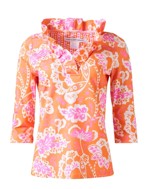 Stylish Orange and Pink Floral Print Ruffle Neck Women's Top