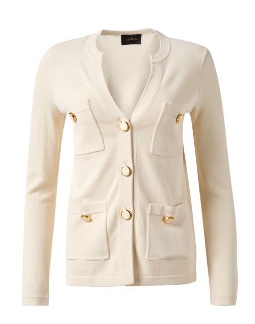 Elegant Ecru Gold-Buttoned Knit Jacket for a Polished Look
