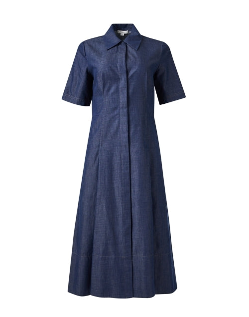 Stylish Indigo Dyed Cotton Chambray A-Line Shirt Dress