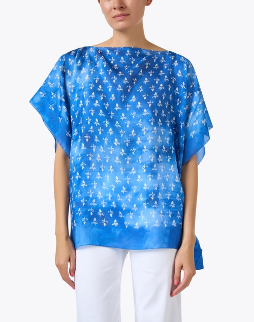 Elegant Blue Printed Silk Poncho Style Top for Effortless Fashion