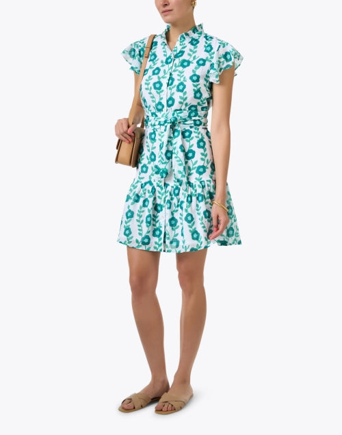 Stylish Toscana Green Floral Mini Dress with Ruffle Neck