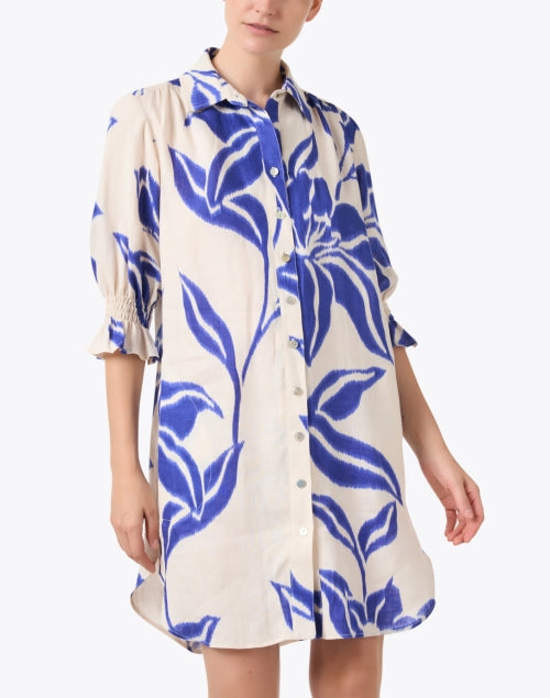 Stylish Miller Beige and Blue Batik Pattern Printed Linen Women's Dress for Warm Weather