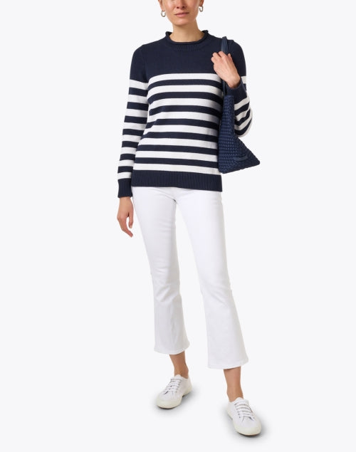 Comfortable Navy and White Striped Roll Neck Cotton Blend Sweater