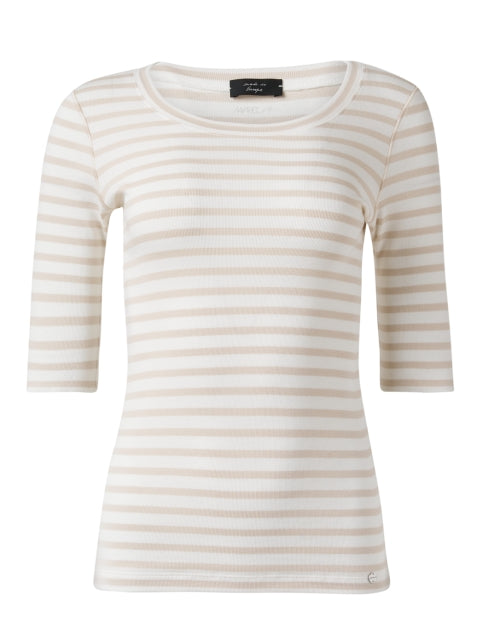 Marc Cain's Everyday Beige and White Striped Slim-Fit Round Neck Top