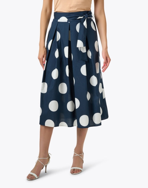 Stylish Navy and White Polka Dot Print Cotton Skirt with Self - Tie Waist Belt