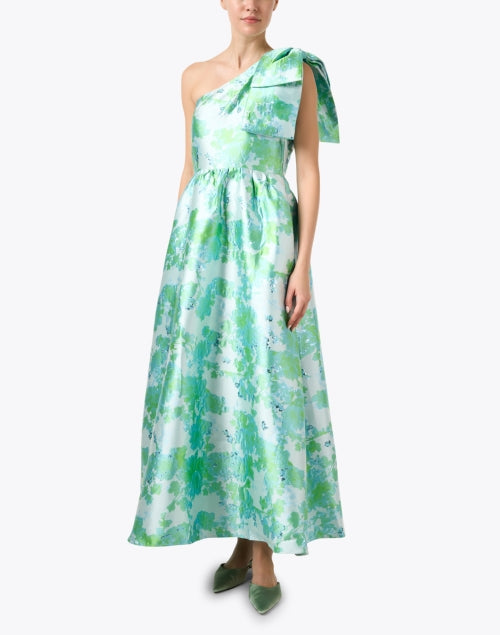 Elegant Caroline Green and Blue Jacquard One-Shoulder Women's Dress