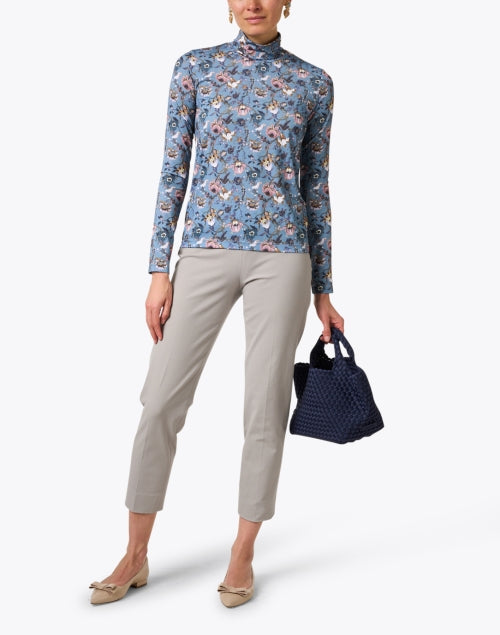 New Season Blue Silk Blend Floral Print Relaxed Turtleneck Top