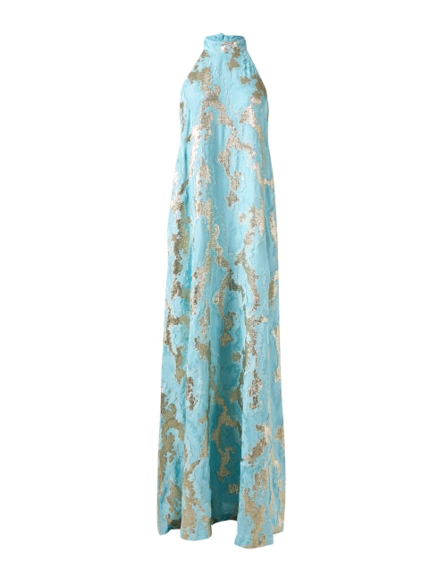 Elegant Adelina Turquoise and Gold-Colored Jacquard Evening Dress