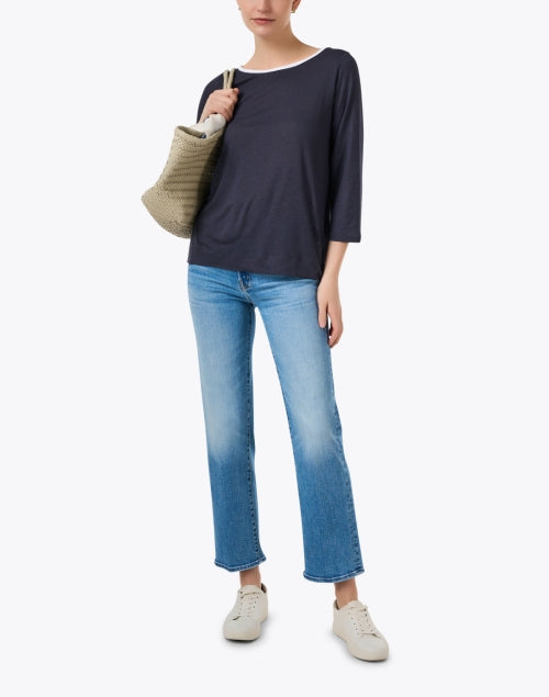 Navy and White Lightweight Linen Blend Knit Women's Top for Casual Wear