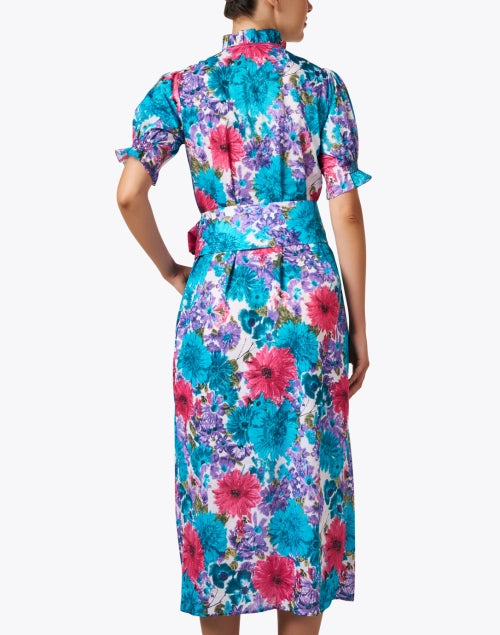 Elena Blue Floral Printed Cotton Dress with Self - Tie Waist