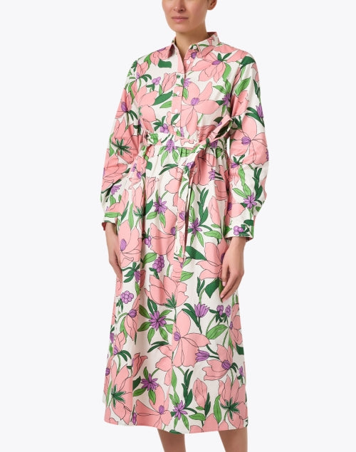 Charming Pink Floral Print Cotton Women's Shirt Dress for Spring