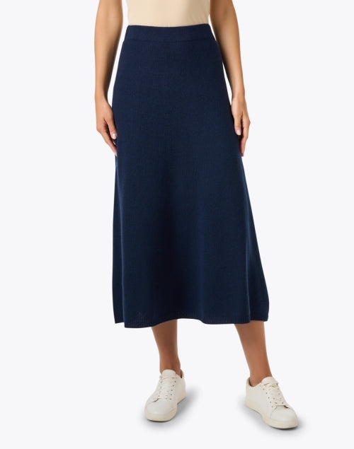 Elegant Navy Wool - Cashmere Blend Knit Midi Skirt for Modern Women
