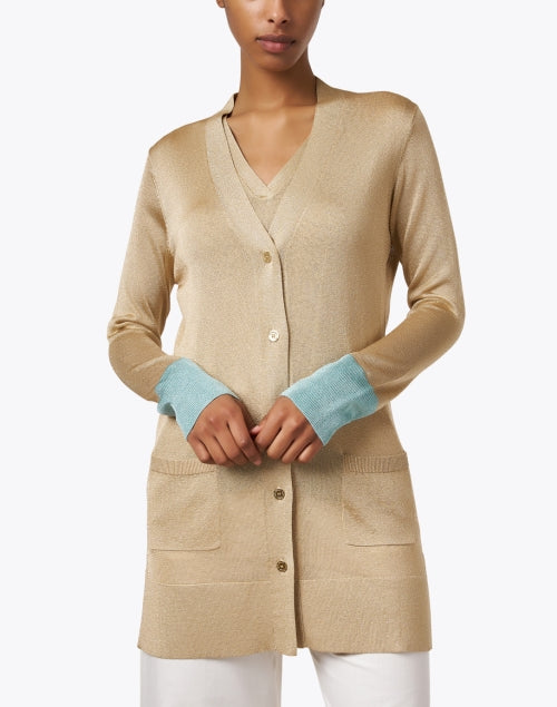 Stylish Fergie Metallic Gold and Blue Longline Slim-Fit Cardigan