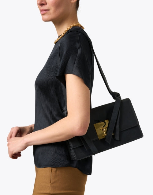 Stylish Ines de la Fressange Beatrice Black Leather Buckle Shoulder Handbag