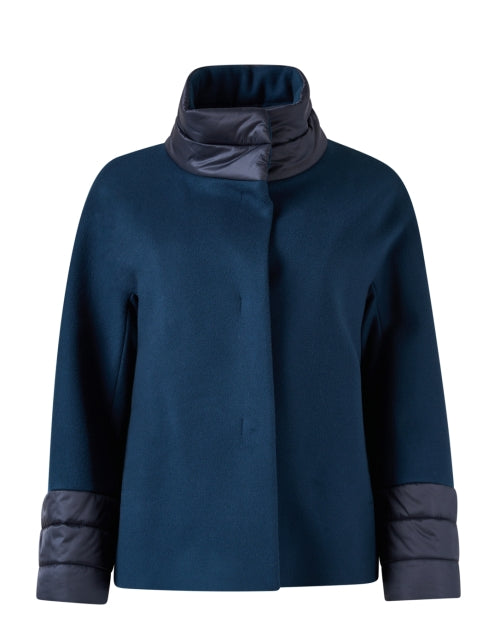 Navy Blue Women's Puffer Collar Woolen Winter Coat
