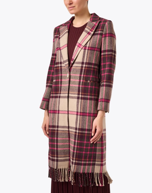 Vilagallo Women's Katherine Pink Multi-Patterned Plaid Longline Wool Blend Fall Coat