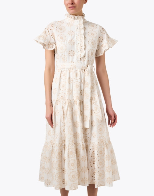 Abbey Glass Sadie Cotton Eyelet Dress in White and Beige