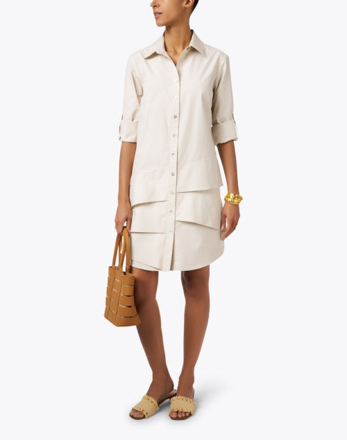 Jenna Tiered Beige Crisp Cotton Shirt Dress for Playful Style