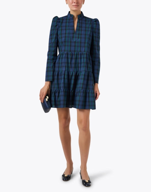 Stylish Blackwatch Plaid Cotton Tunic Dress with Balloon Sleeves