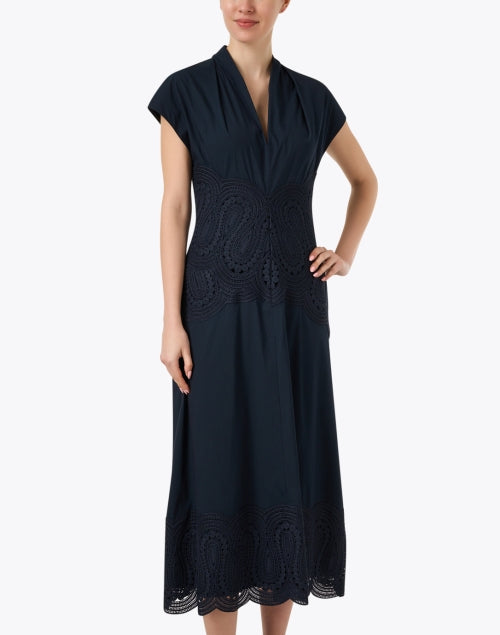 Navy Blue Lace-Trimmed Cotton Poplin Women's Dress for Formal Occasions