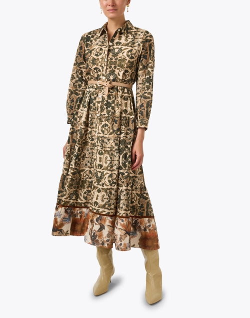 Ro's Garden Jinette Women's Brown Printed Tiered Cotton Shirt Dress for Transitional Weather