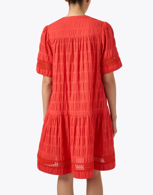 Stylish Red Pleated Cotton Dress with Lace Trim for a Timeless Look