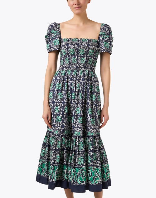 Stylish Navy and Green Print 100% Cotton Women's Dress