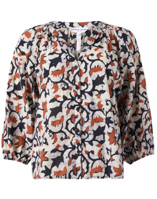 Mitte Cotton Top with Navy and Orange Print - A Fashionable Women's Blouse