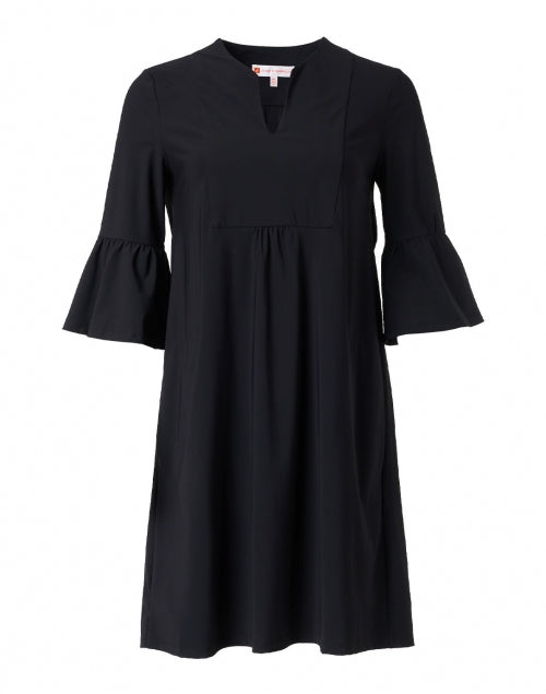 Stylish American-Made Black Ruffled Dress with V-Neck and Bell Sleeves