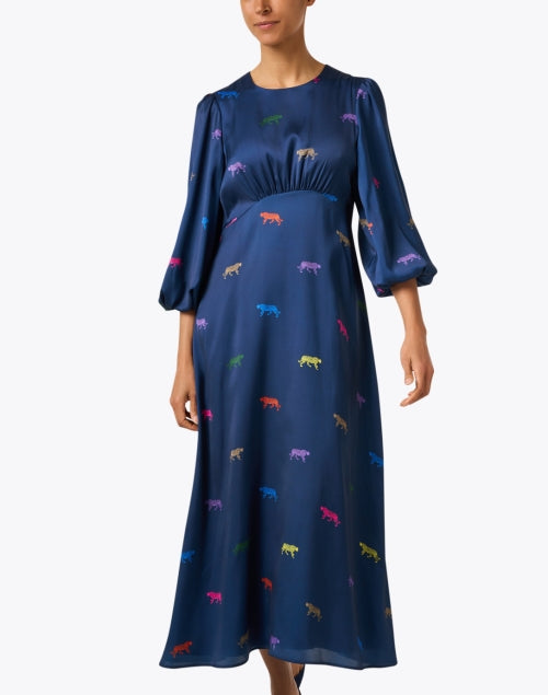 Stylish Blue Satin Dress with Leopard Print Design