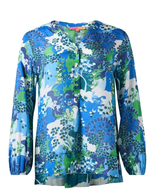 Stylish Ebba Blue Floral Cotton Blend Henley V-Neck Blouse