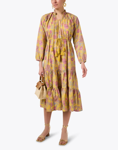Astrid's Charming Yellow Floral Print Cotton A-Line Dress