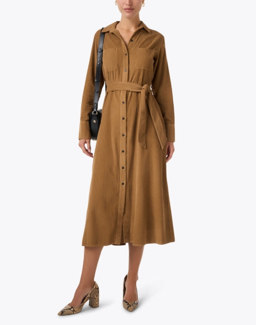 Stylish Camel Corduroy A - Line Shirt Dress with Adjustable Belt