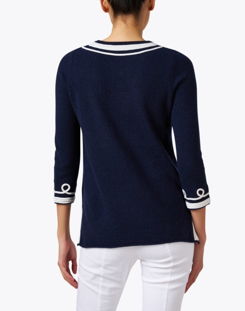 Stylish Navy Cashmere Calipso Top with Intricate White Embroidery