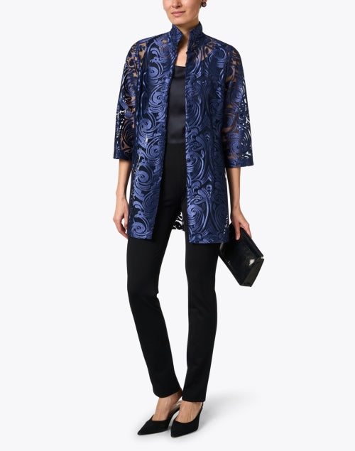 Navy Rita Deco Sheer Lace Women's Evening Top