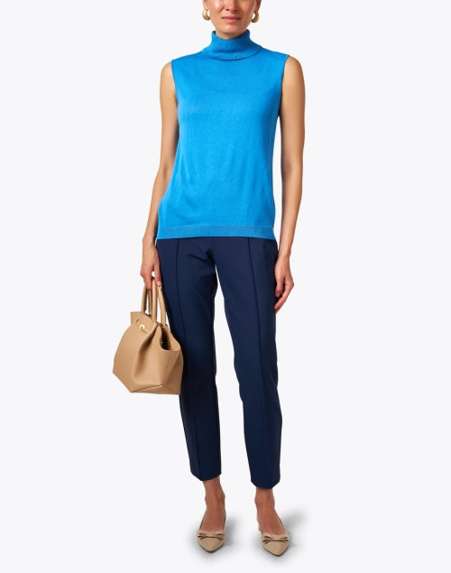 Stylish Lightweight Blue Knit Mock Neck Sleeveless Top